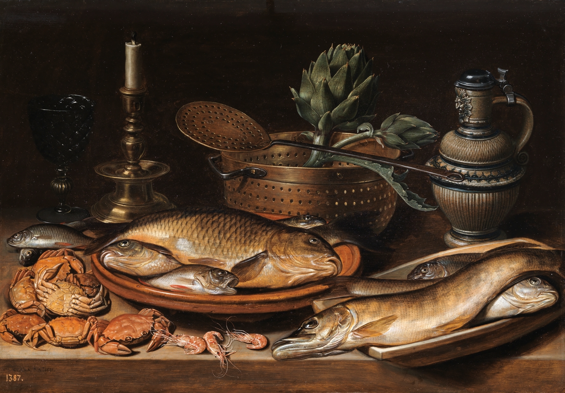 Still Life with fish, a candle, artichokes, crab and prawns (1)